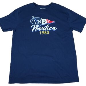 Nautica Mens 2XL Short Sleeve Graphic Tee Shirt Navy Blue 1983 Sailing Club Flag